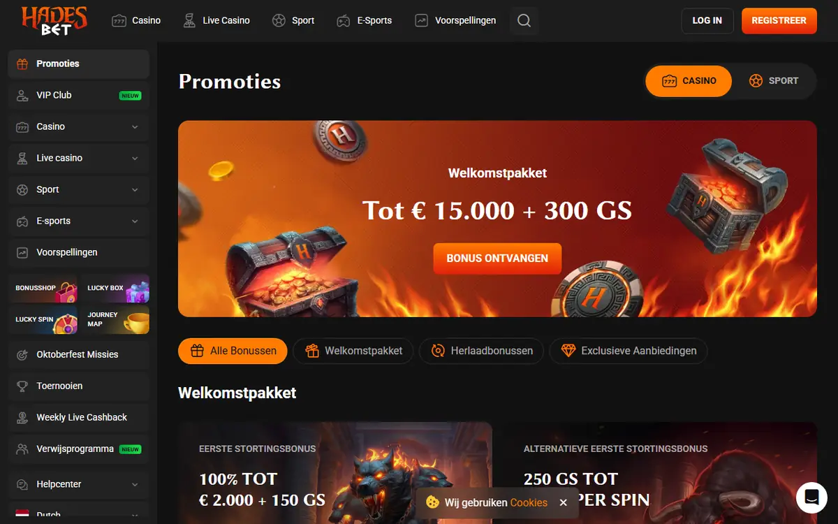 Bonusaanbod van HadesBet met het welkomstpakket tot € 15.000 en 300 free spins, screenshot van 19 september 2026