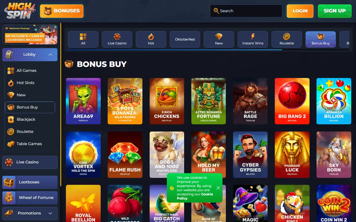 Bonus Buy-slots in de lobby van Highspin, met linksboven de banner van het welkomstpakket, screenshot van 19 september 2026