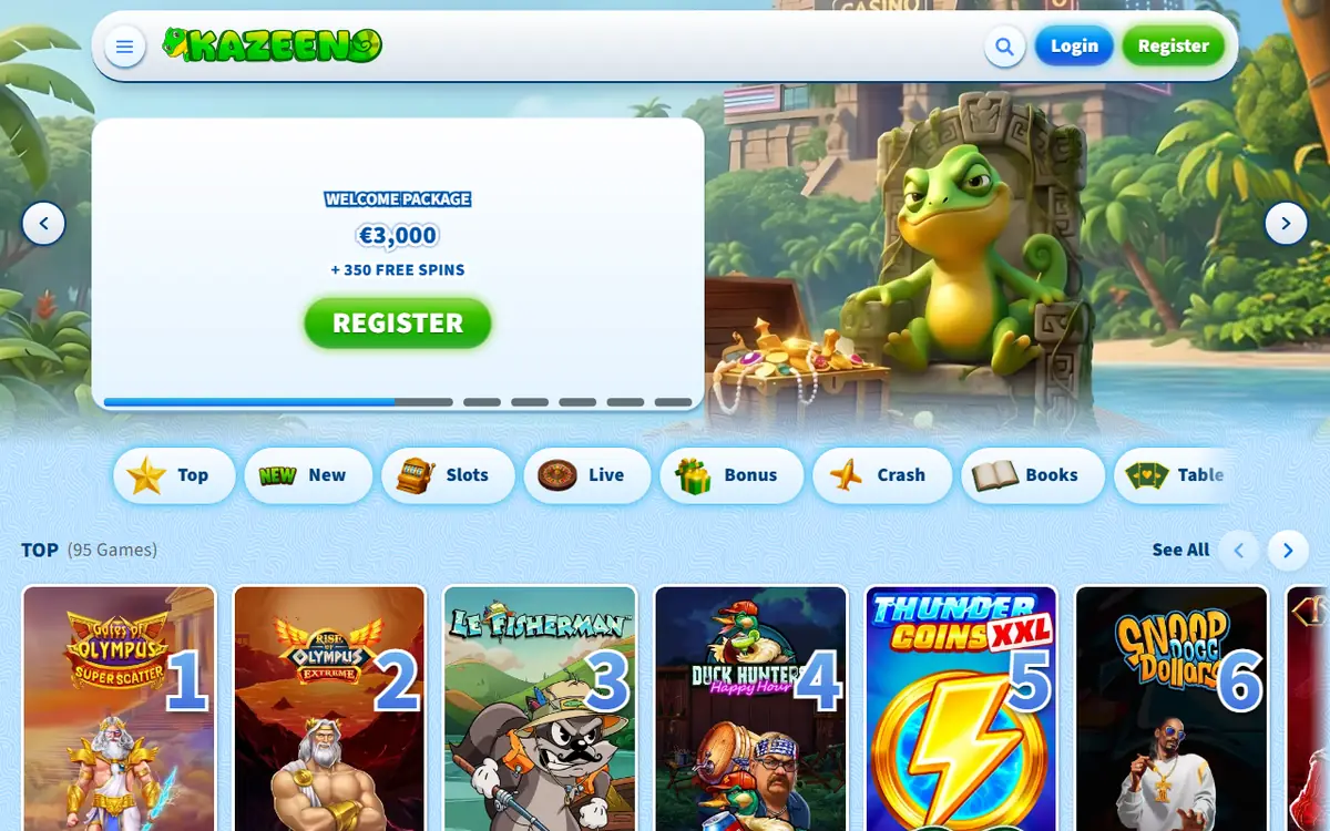 Lobby van Kazeeno, screenshot van 19 september 2026