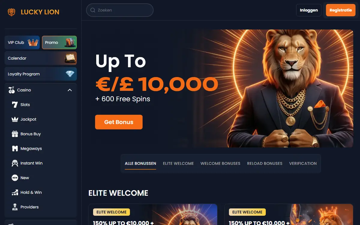 Bonuspagina van Lucky Lion met tot € 10.000 en 600 free spins en de tabbladen Elite Welcome en Reload, screenshot van 19 september 2026