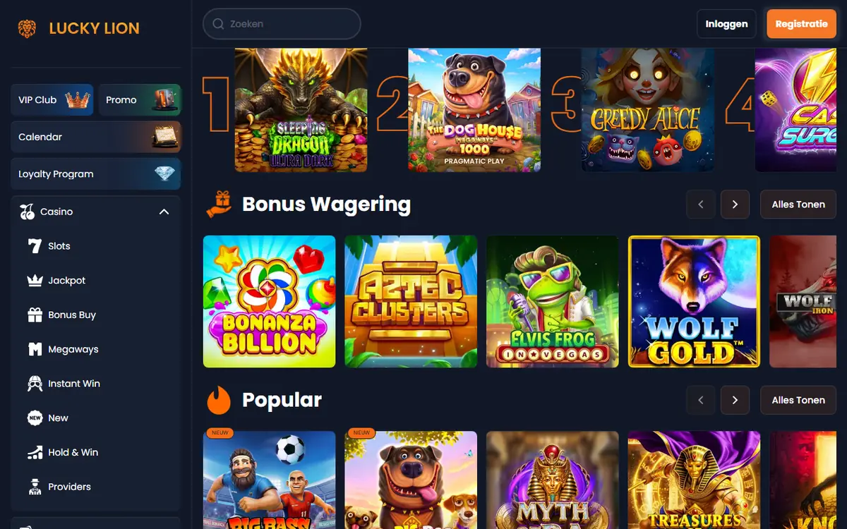 Spelaanbod van Lucky Lion met The Dog House Megaways 1000 op plaats 2 van de toplijst, screenshot van 19 september 2026