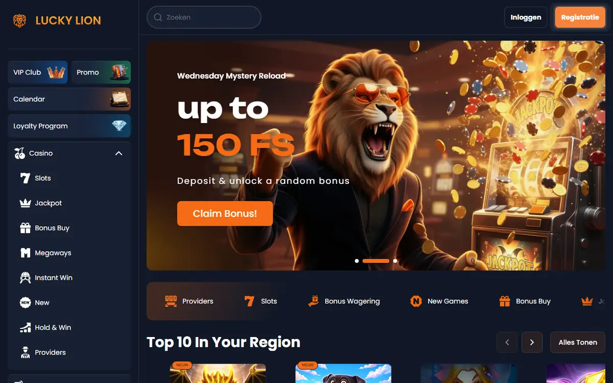 Lobby van Lucky Lion, screenshot van 19 september 2026