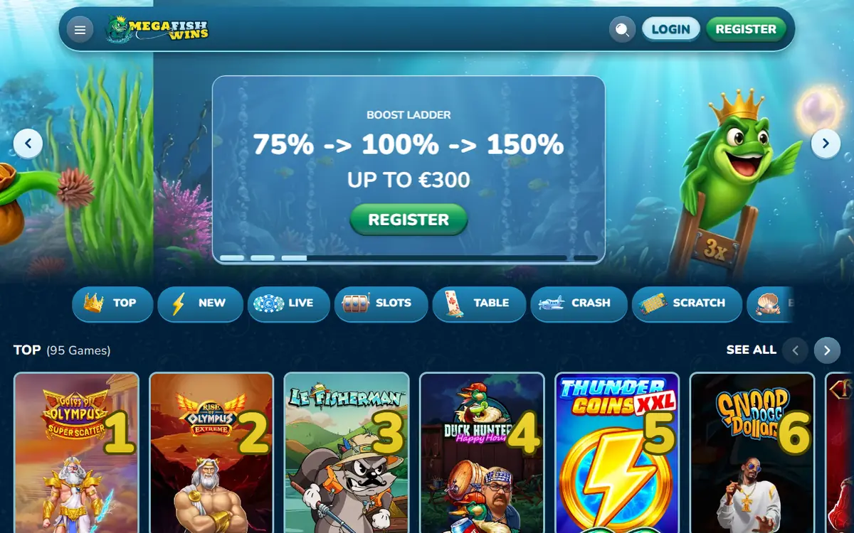 Lobby van MegaFishWins, screenshot van 19 september 2026