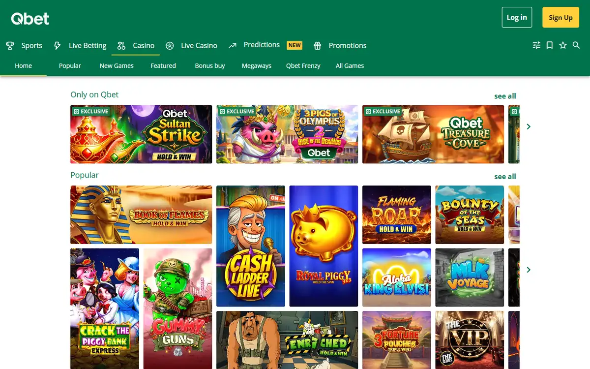 Lobby van Qbet, screenshot van 20 oktober 2026