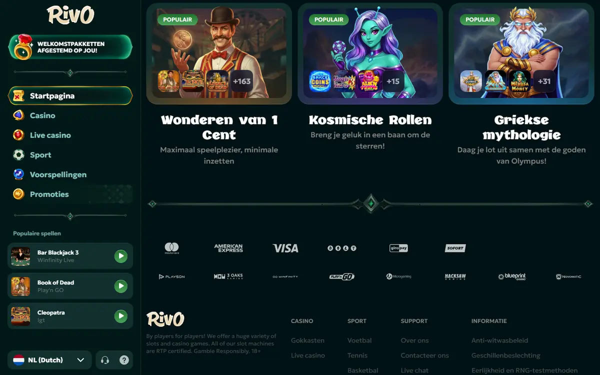 Spelaanbod van Rivo met Book of Dead en Cleopatra bij de populaire spellen, screenshot van 19 september 2026