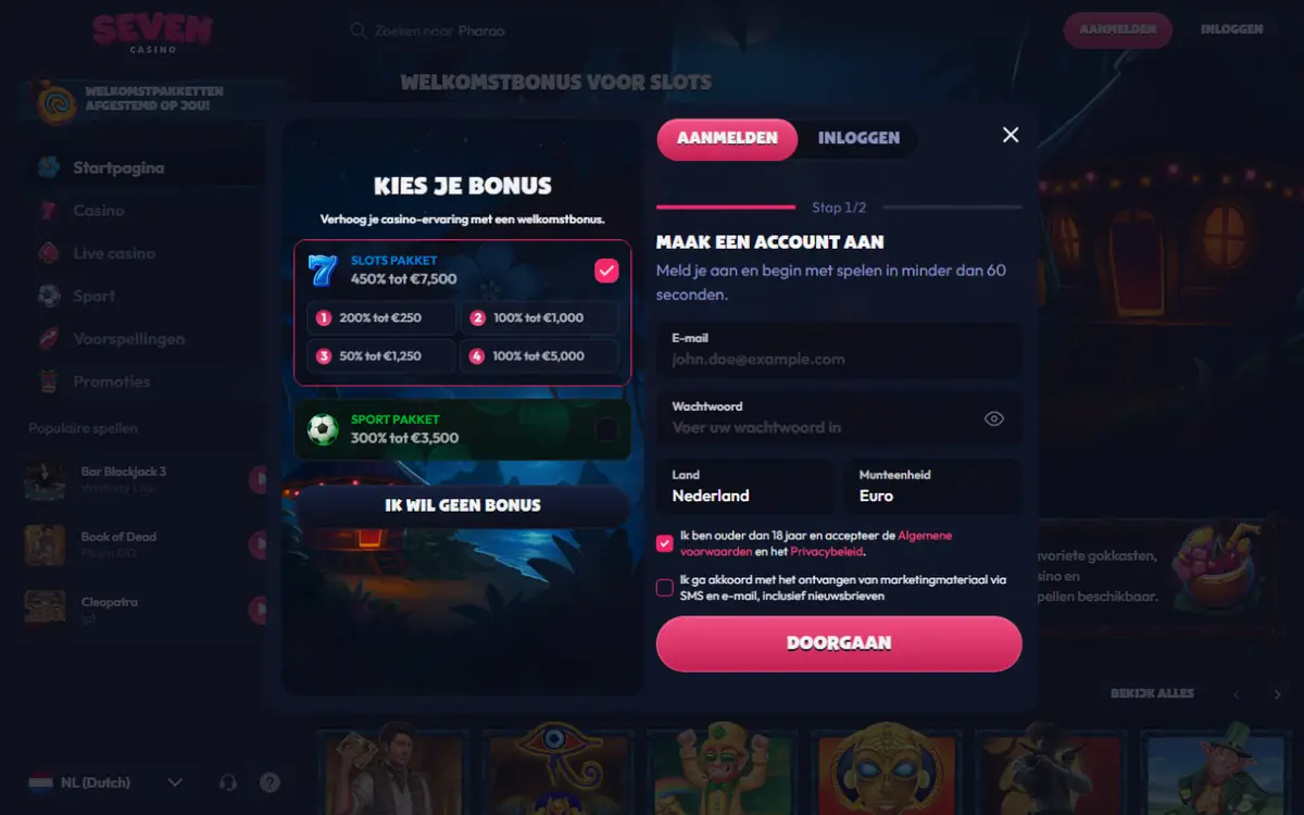 Aanmeldscherm van Seven Casino met het welkomstpakket van 450% tot € 7.500 over vier stortingen, screenshot van 19 september 2026