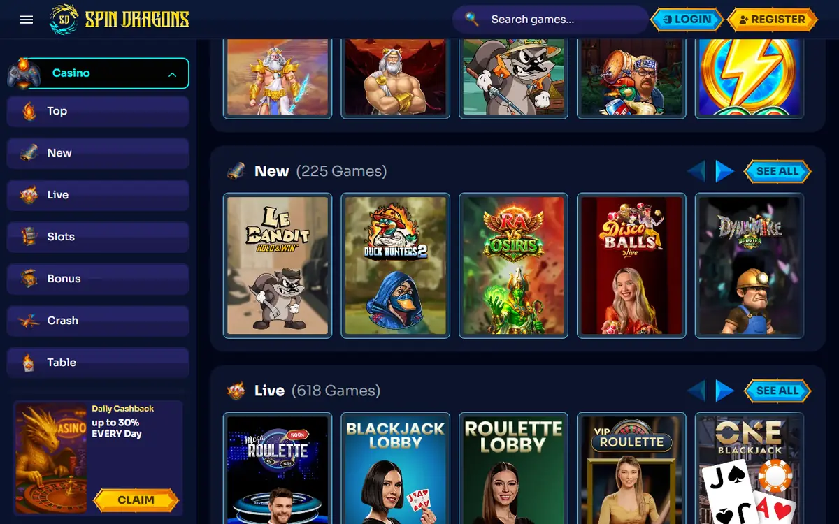Spelaanbod van Spin Dragons met de rubriek Crash in het menu, screenshot van 19 september 2026