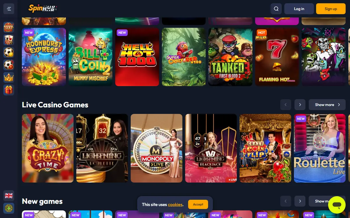 Spelaanbod van SpinHub met Crazy Time en Monopoly Live bij de Live Casino Games, screenshot van 19 september 2026