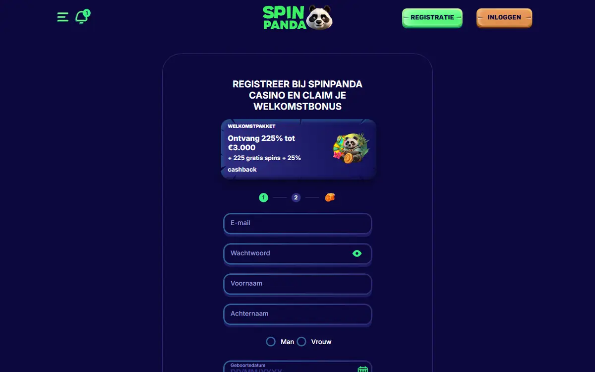 Inschrijfformulier en welkomstbonus van SpinPanda, screenshot van 19 september 2026
