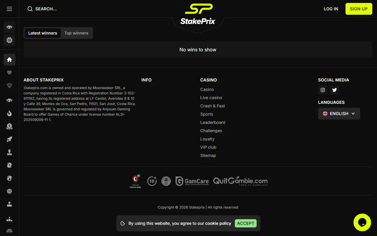 Voettekst van StakePrix met de exploitant Moonseeker SRL en de Anjouan-licentie, screenshot van 19 september 2026