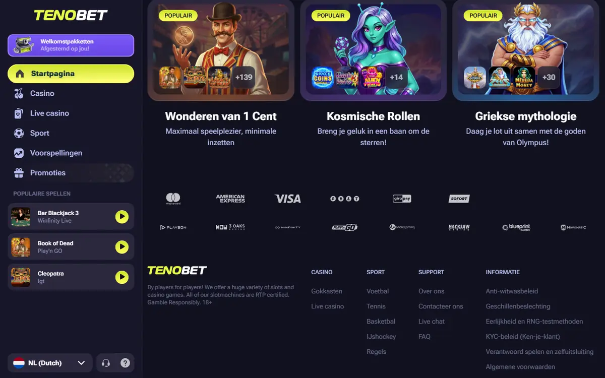Spelaanbod van Tenobet, screenshot van 19 september 2026