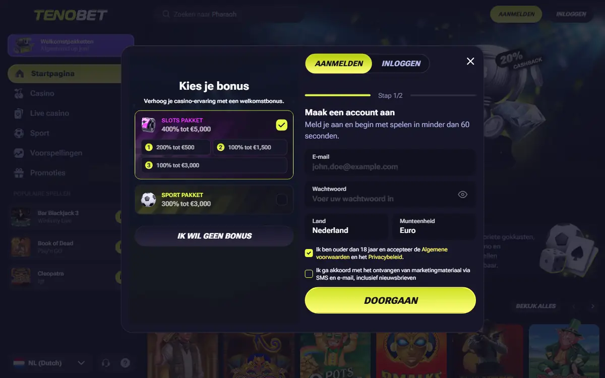 Aanmeldvenster van Tenobet met de keuze tussen het slotspakket van 400% tot € 5.000 over drie stortingen en het sportpakket van 300% tot € 3.000, screenshot van 19 september 2026