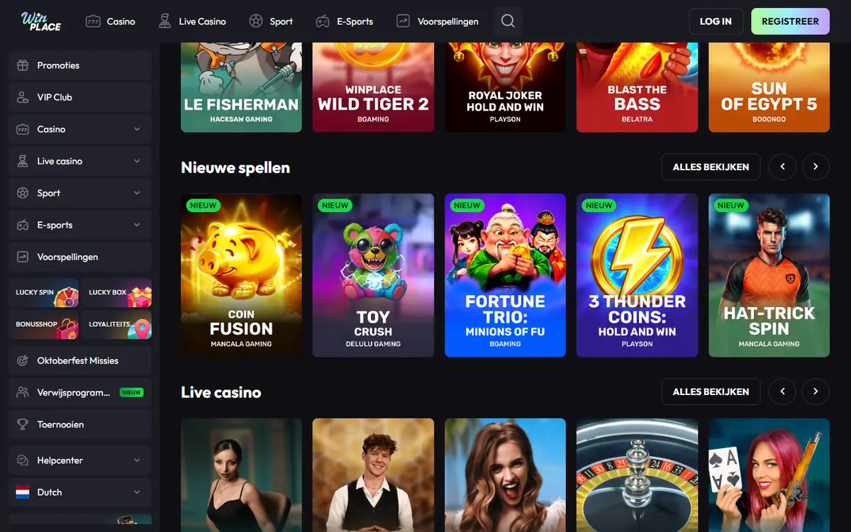 Spelaanbod van Winplace met nieuwe spellen en live casino, screenshot van 23 september 2026