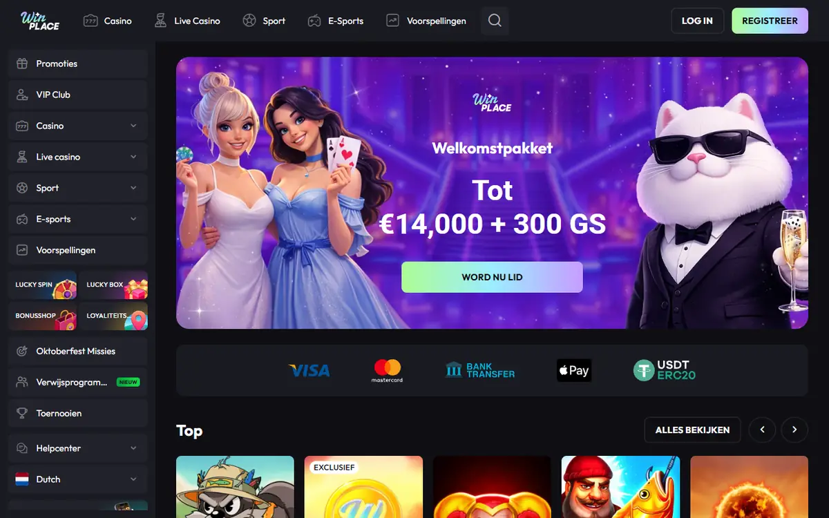 Nederlandstalige lobby van Winplace met Sport en E-sports in het hoofdmenu en een welkomstpakket tot € 14.000 plus 300 free spins, screenshot van 23 september 2026