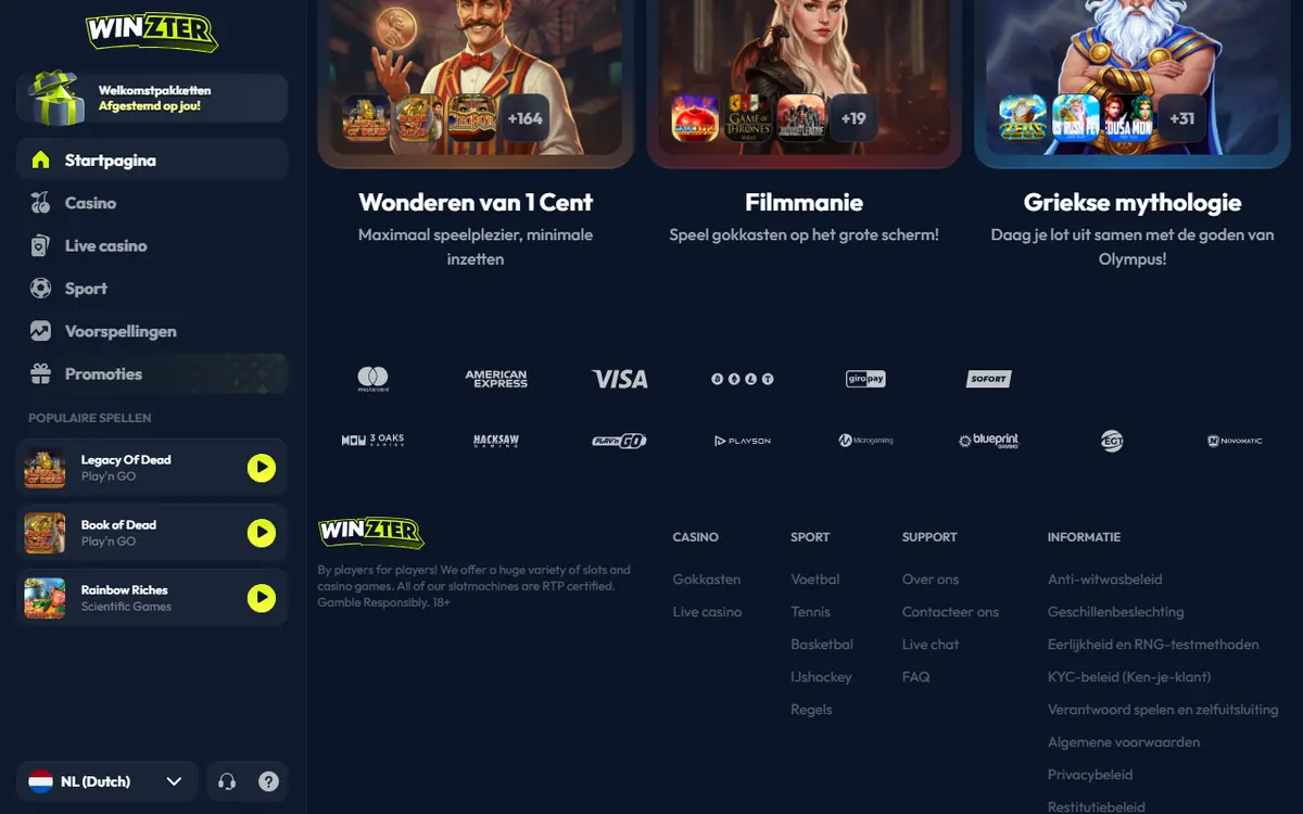 Spelaanbod van Winzter met themacollecties en betaallogo's, screenshot van 19 september 2026