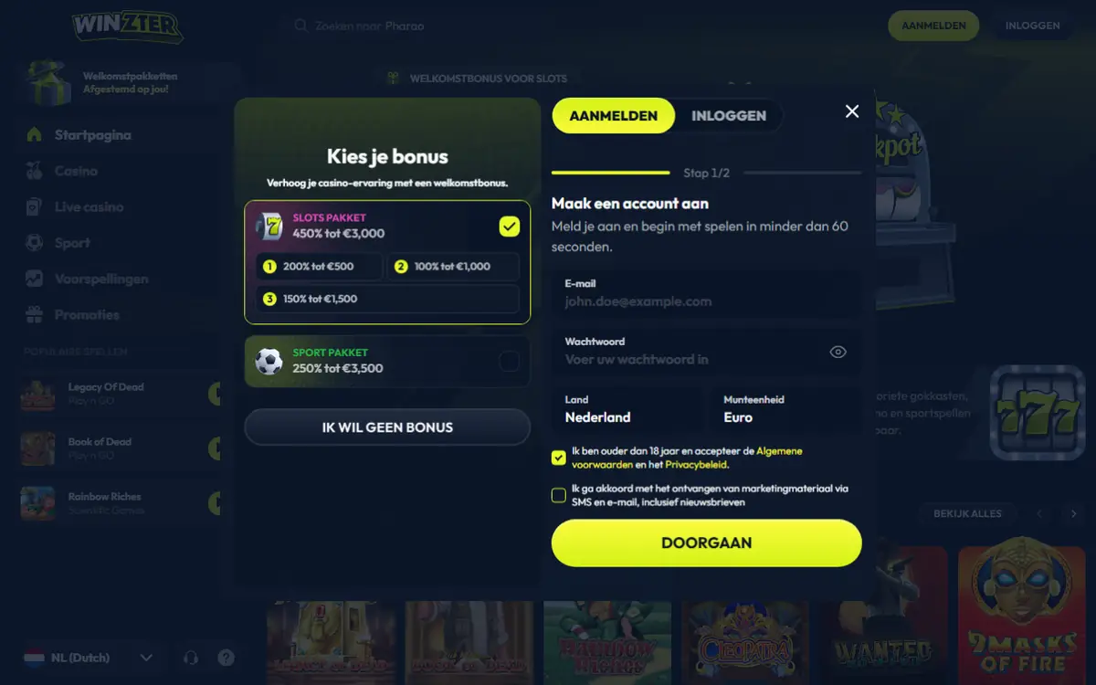 Aanmeldscherm van Winzter met de keuze tussen slotspakket en sportpakket van 250% tot € 3.500, screenshot van 19 september 2026